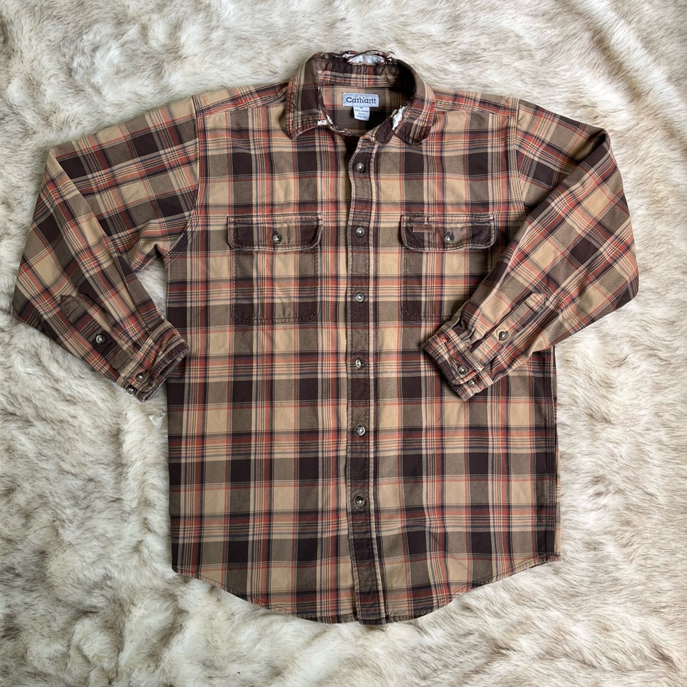 Carhartt Men’s Naturally Distressed Plaid Flannel Button-Up Shirt